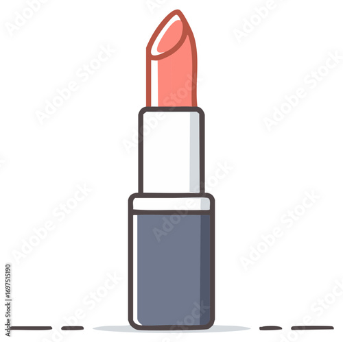 Illustration of a coral lipstick tube with a pointed tip, standing upright with a simple gray base and white middle.