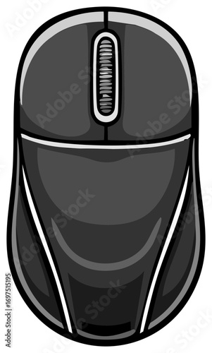 Stylized gray computer mouse with scroll wheel and ergonomic design elements for web graphics and interface illustrations