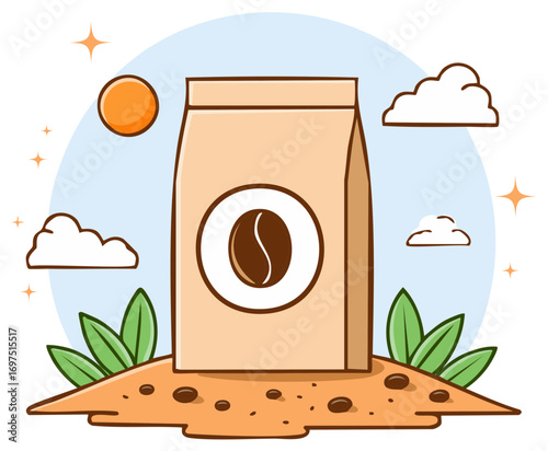 Coffee Bean Bag with Beans and Sun Illustration