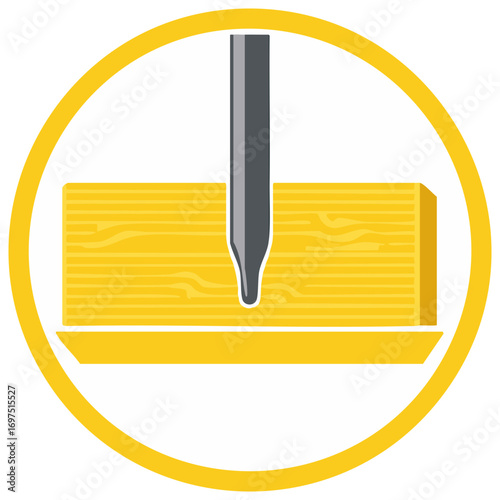 Drill Bit Piercing Yellow Wooden Plank Inside Yellow Circle