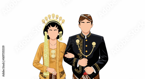Elegant illustration of a Javanese couple in traditional black and gold wedding attire.