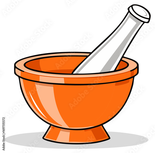 Illustration of Orange Mortar and Pestle Tool for Grinding Food or Medicine