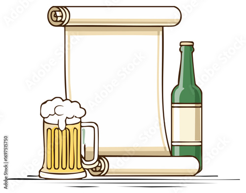 Beer mug and bottle with a blank parchment scroll for a pub menu
