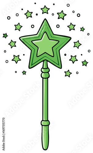 Cartoon Green Magic Wand with Star and Sparkles, Fairy Tale, Dream, Fantasy and Childhood