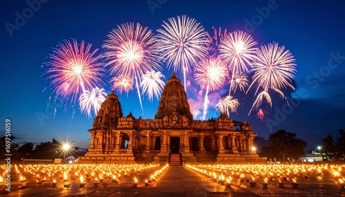 Diwali Celebration at Temple with Fireworks and Oil Lamps