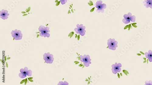 An elegant pattern of delicate purple flowers and soft green leaves dances across the gentle expanse, a celebration of nature's delicate artistry and a whisper of tranquility.