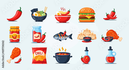 Flat Design Chili Pepper Food Icons Set.