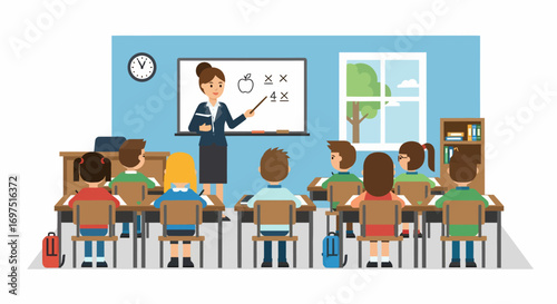 Female teacher with a pointer teaching a math lesson to young students in a colorful cartoon classroom.