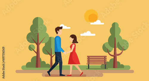 Flat design illustration of a young couple walking together on a path in a sunny park with trees and a bench.