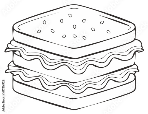 Double-Layered Sandwich Illustration with Outline Style for Coloring Books or Menu Designs