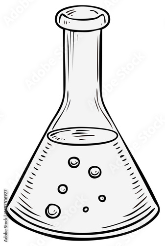 Hand drawn conical flask with bubbling liquid, a laboratory science experiment beaker illustration