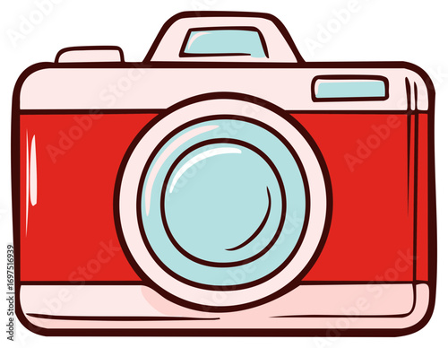 Cartoon red camera with blue lens for photography and capturing moments on digital devices and media files