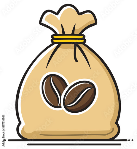 A burlap sack filled with roasted coffee beans, tied at the top with a yellow band.