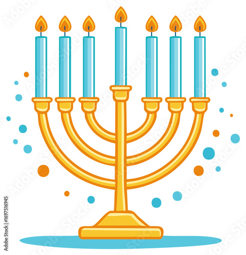 Cartoon Illustration of a Golden Hanukkah Menorah with Blue Candles and Flames