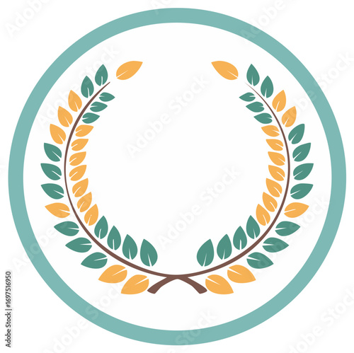 Laurel wreath emblem in a teal circle.
