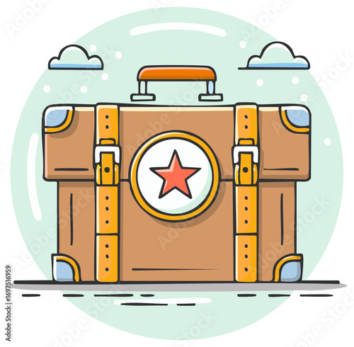 Retro suitcase with a red star emblem and clouds, symbolizing travel and adventure.