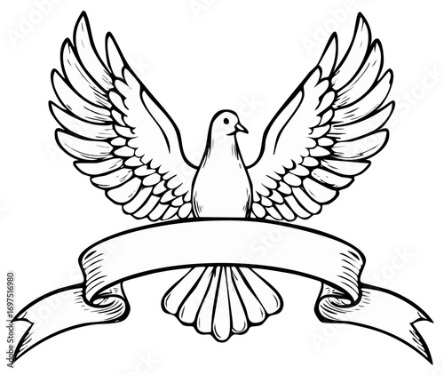 Dove flying holding a banner drawing outline for peace love or celebration