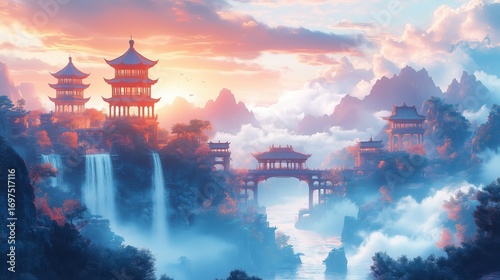 Fantasy Ancient Chinese Architecture Landscape with Waterfalls and Clouds