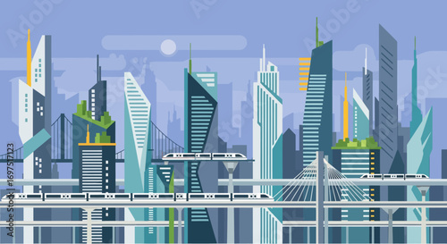 Futuristic Cityscape with Sleek Skyscrapers and Elevated Monorail Train System.