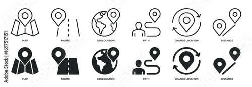 Map pin line and glyph solid icons collection. Minimal icon and symbol series vector illustration