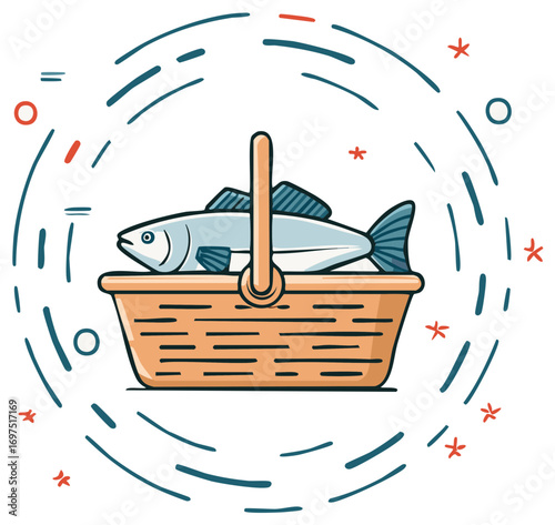 Fresh whole fish in a rustic market basket with dynamic blue and red accents