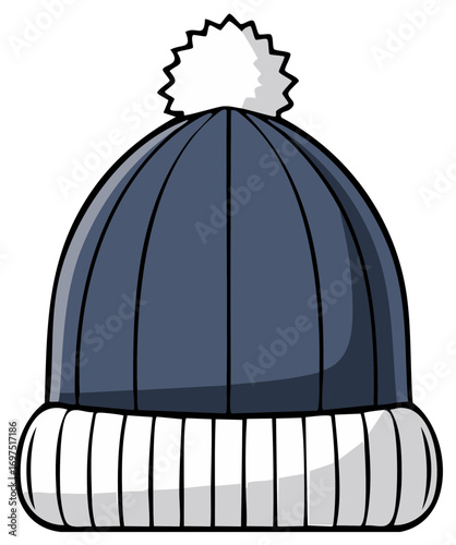 Illustration of a Dark Blue Knit Winter Cap with PomPom Cartoon Drawing