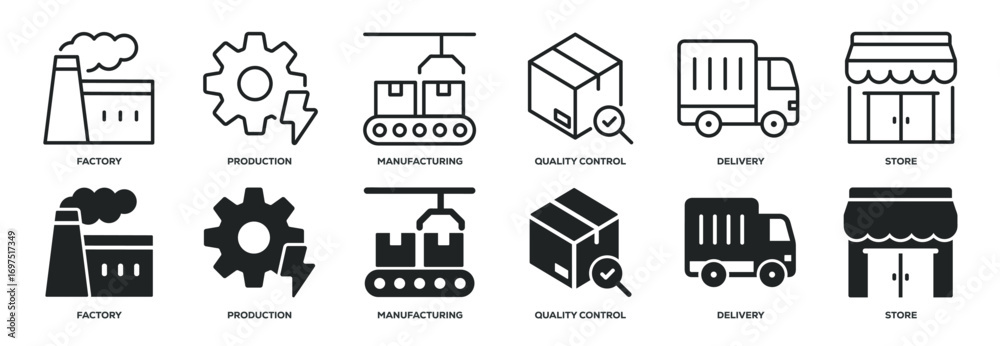 Fototapeta premium Supply chain line and glyph solid icons collection. Minimal icon and symbol series vector illustration