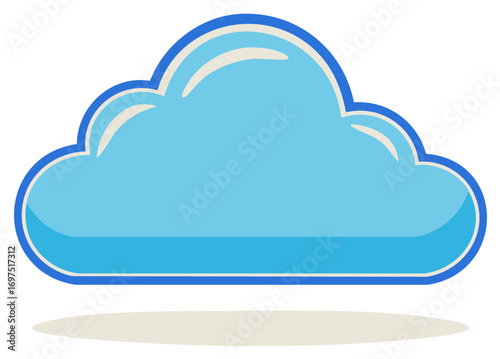 Cartoon cloud illustration in blue with shadow, cloud storage and computing theme, simple design.