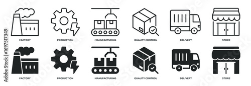 Supply chain line and glyph solid icons collection. Minimal icon and symbol series vector illustration