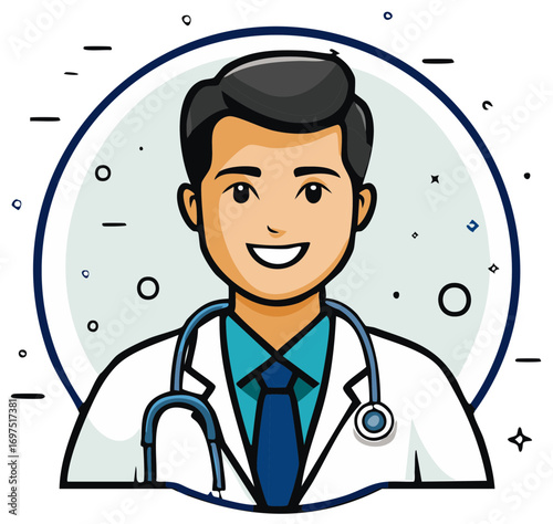 Smiling Cartoon Doctor Portrait Friendly Physician in White Coat and Stethoscope