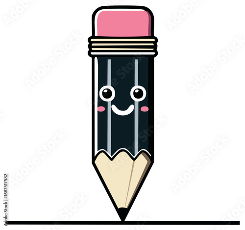 Happy Kawaii Pencil Character Drawing a Straight Line Vector Icon