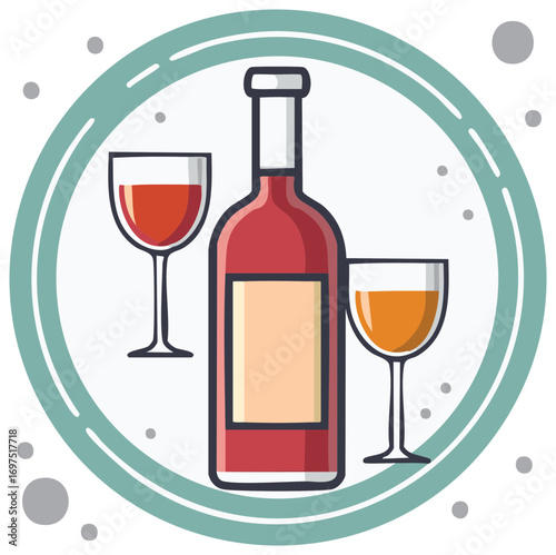 Stylized Still Life Red Wine Bottle and Full Glasses with Circle Frame