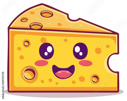 Kawaii cheese slice with happy face and holes cartoon illustration
