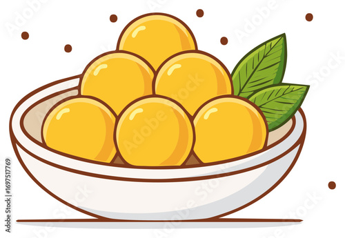 Adorable Cartoon Yellow Sweet Dumplings in a White Bowl with Fresh Green Mint Leaves