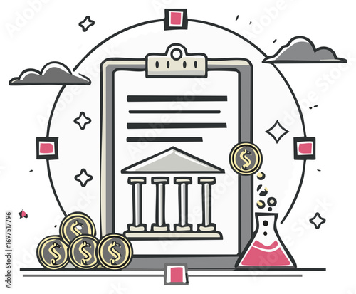 financial document with coins and bank building clip art preview