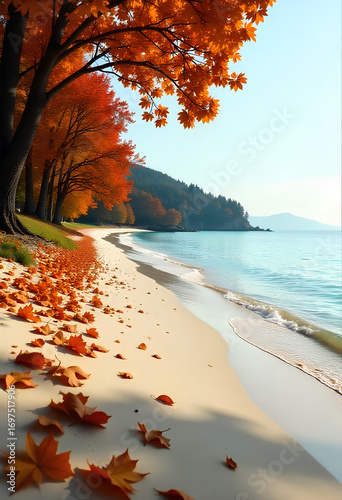 Stunning autumn beach scene with vibrant foliage and tranquil blue water for seasonal travel inspiration