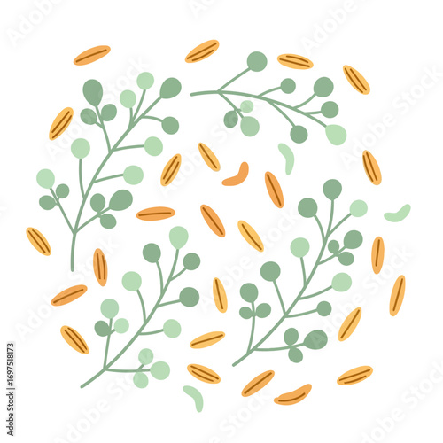 Stylized green branches with round leaves and scattered orange oat grains, forming a decorative pattern.