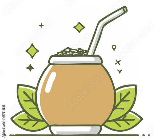 Earthy Illustration of Yerba Mate Drink with Bombilla Straw and Green Leaves Decorative elements, organic beverage concept