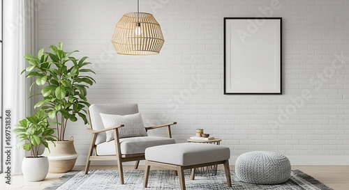 Cozy armchair with ottoman and plant in bright room