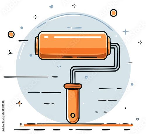 Stylized Orange Paint Roller Illustration Wall Decorating Concept Graphic Element