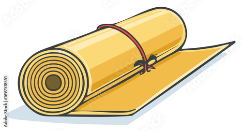 Rolled Yellow Yoga Mat with Red Strap Graphic Illustration for Exercise Fitness and Wellbeing