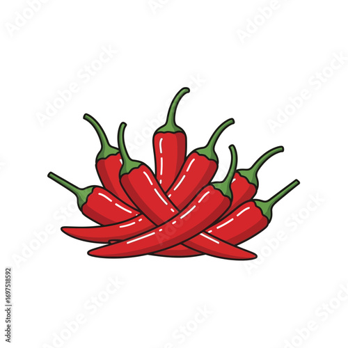 A vibrant, hand-drawn illustration of a cluster of spicy red chili peppers with green stems and bold black outlines.