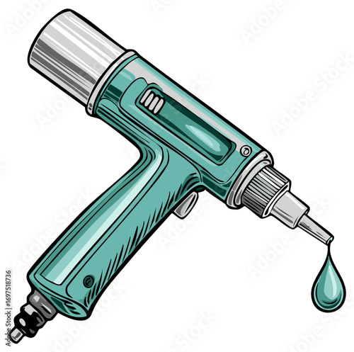 Vivid vector illustration of a teal hot glue gun with a single drop of melting adhesive