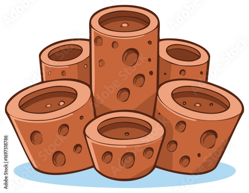 Stylized Coral Reef Illustration, Cartoon Sponge Tubes, Underwater Habitat