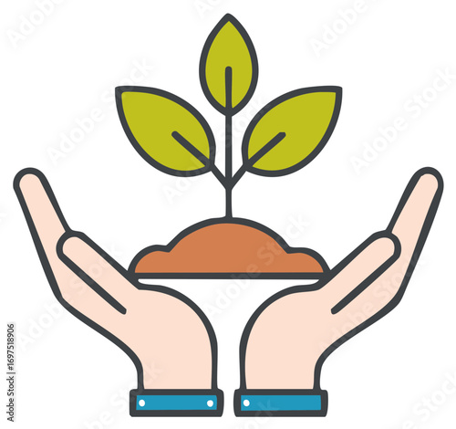 Hands gently holding a green seedling growing from soil symbolizing new beginnings and care