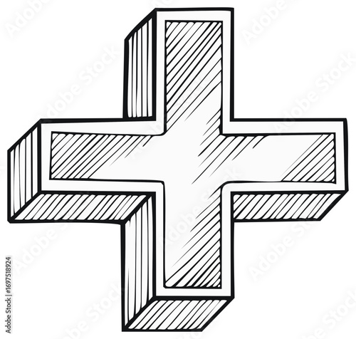 Geometric Plus Sign Line Art Drawing, Hatching Pattern, Simple Mathematical Symbol
