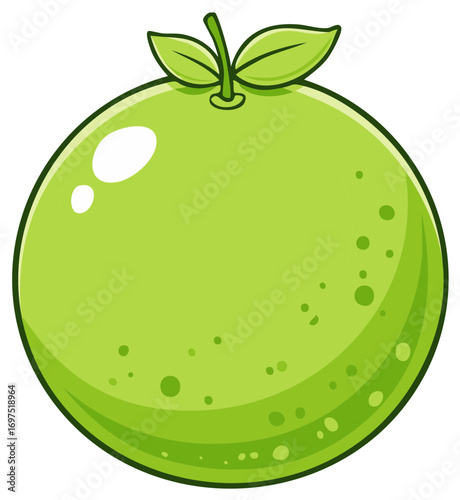 Fresh Green Apple Cartoon Icon with Glossy Surface and Leaves