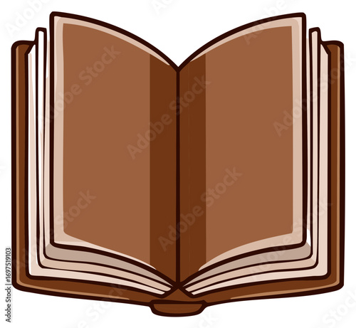 Open brown book with blank pages and visible cover edges in simple illustration style
