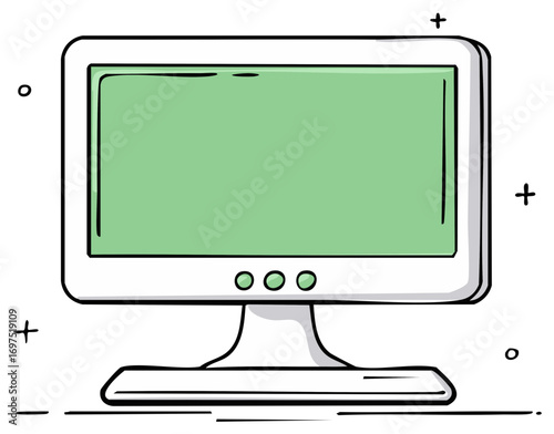 Retro hand drawn computer monitor with blank green screen display illustration