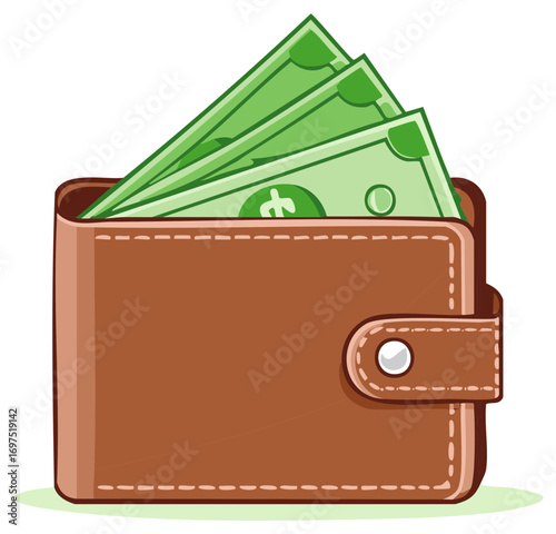 Cartoon illustration of a brown leather wallet with money.